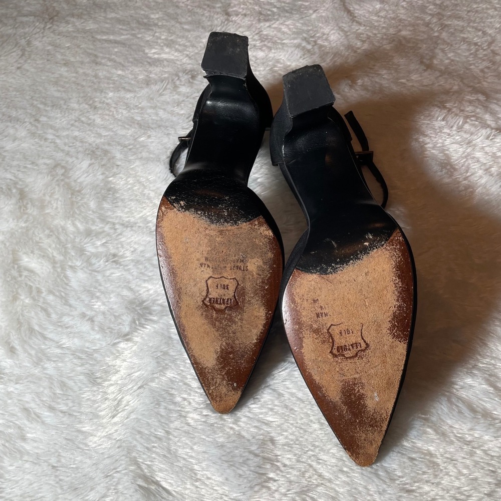 VTG Stuart Weitzman Black Satin Ankle Strap Pointed Toe Block Heel Pumps 7.5 B - Picture 4 of 9